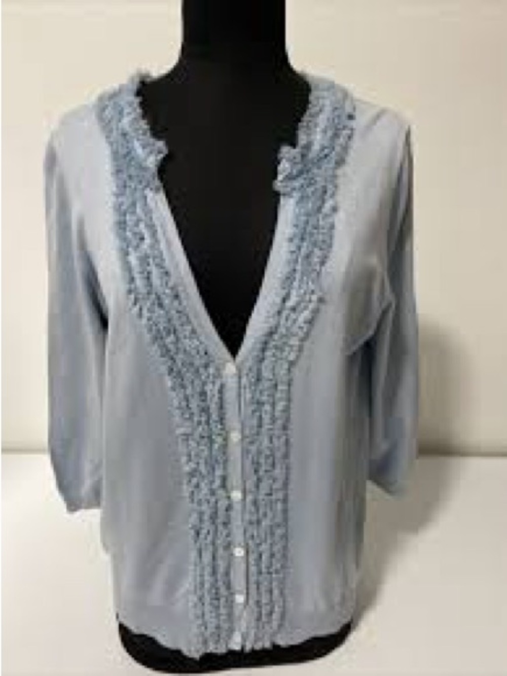 Talbots Petiites Light Blue Ruffle-Trim V-Neck Cardigan